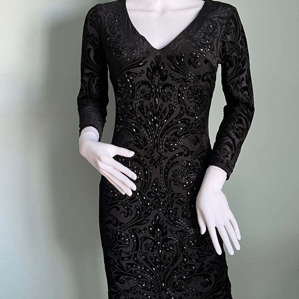 Cache Black Bejeweled Front Velvet/Sheer Mini Dress 4